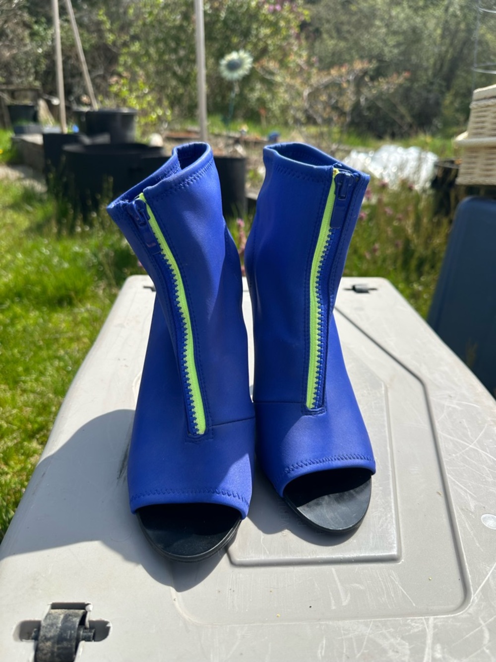 Aldo Royal Blue Peep-Toe Ankle Booties with Neon Yellow Zip